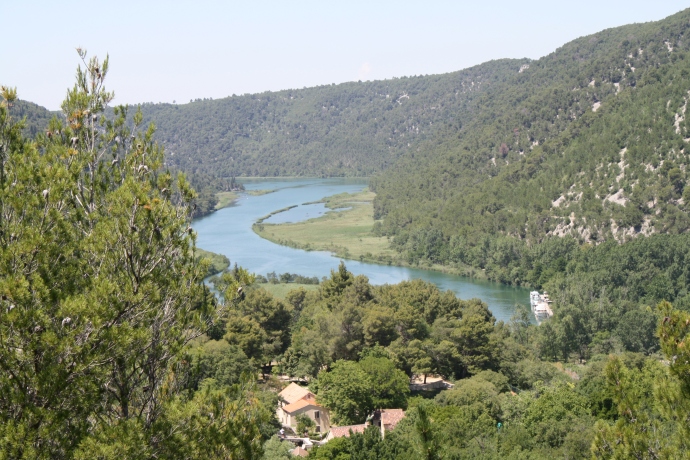Looking down on the Krka River from the walking path.
